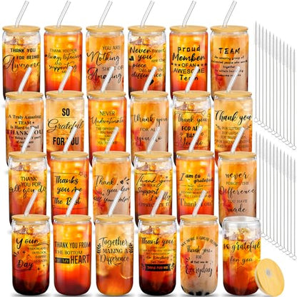 Layhit 24 Set Thank You Team Gifts for Employees Staff Coworker Appreciation Gifts for Teacher Nurse Thank You Glass Cups 16 oz Can Shaped Beer Glass with Lids Straws Brushes(Bright Style) - style: Bright Style