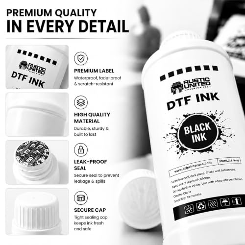 Premium DTF Ink Refill 500ml for Heat Transfer Printing, Compatible with Epson ET-8550, ET-8500, XP-15000, L1800, L805, R1390, R2400, DX5, DX7, XP600, I3200 Printers (Black, 500ml) - color: Black, size: 500ml