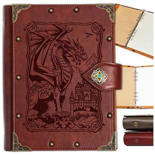DUROTAN DND Notebook Vintage Dragon Journal Unique Refillable Binder | Leather A5 400 Pages For Dungeons and Dragons Gift D&D Gifts DM Accessories Men&Women - color: 2-Red-DragonKing