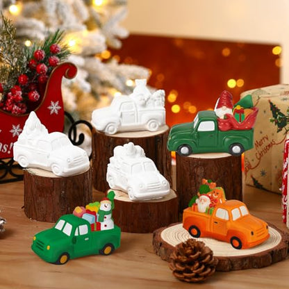 JellyArch 6 Set Christmas DIY Painting Kit Ceramic 3D Ceramic Truck to Paint Your Own Truck with Snowman Reindeer Claus Statues Unpainted Plaster Craft with Brush Paint Bag for Adult - style: Christmas