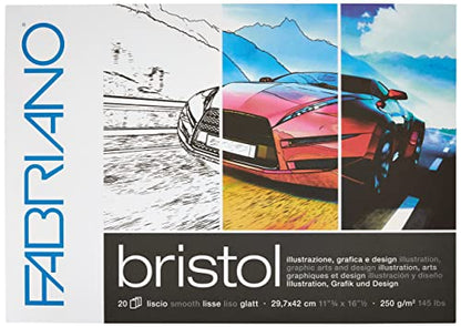 Honsell Fabriano Bristol 19002942 Pad DIN A3 250 g/m² 20 Sheets Ultra Smooth Surface Very Erase-Resistant Ideal for Illustrations, Graphics and Design