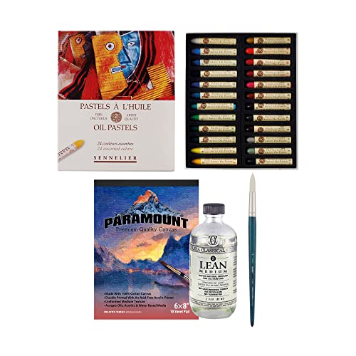 Jerry's Artarama Professional Oil Pastels and Acrylic Paint Brush With 24 Vibrant Color Pastels for Painting on Multiple Surfaces Includes 2oz Clarified Lean Medium & 6 x 8 10-Sheet Cotton Canvas Pad - color: Assorted Colors