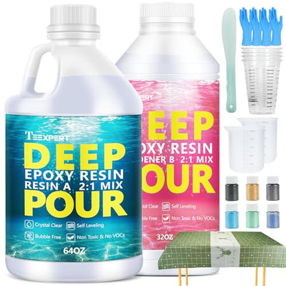 Teexpert Deep Pour Epoxy Resin Kit: 96OZ Epoxy Resin for 2-4" Pour Depths, Crystal Clear & High Gloss, Bubble-Free Casting Resin for Flower Preservation, River Tables and Mold Crafts - 2:1 Mix Ratio - size: 96OZ