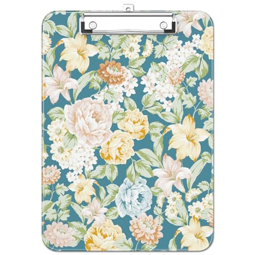 Plastic Cute Clipboard Low-Profile Metal Clip, A4 Letter Size 9 x 12.5 in, 8.5 x 11 Paper Clip Board for Teachers, Nurses, Classroom,Blue Crushed Flower - color: Blue Crushed Flower