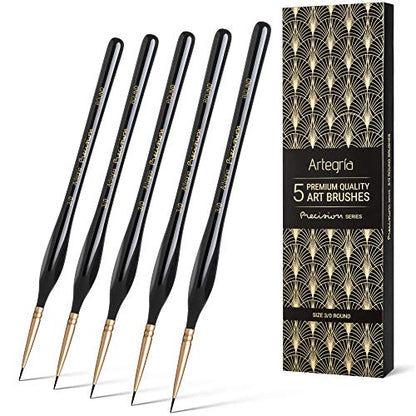 ARTEGRIA Detail Paint Brush Set, 5 Miniature Brushes with Fine Tips and Ergonomic Handles, Size Round 3/0 (000) for Small Scale Models, Figurines, Paint by Numbers for Adults