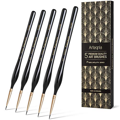 ARTEGRIA Detail Paint Brush Set, 5 Miniature Brushes with Fine Tips and Ergonomic Handles, Size Round 3/0 (000) for Small Scale Models, Figurines, Paint by Numbers for Adults