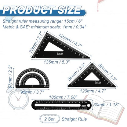 HARFINGTON 8pcs Triangular Ruler Set 15cm/6" Aluminum Alloy Straight Geometric Protractor Triangle Engineering Scale Drafting Ruler Kit Measuring Drawing Tool for Classroom Office Home, Black - color: Black