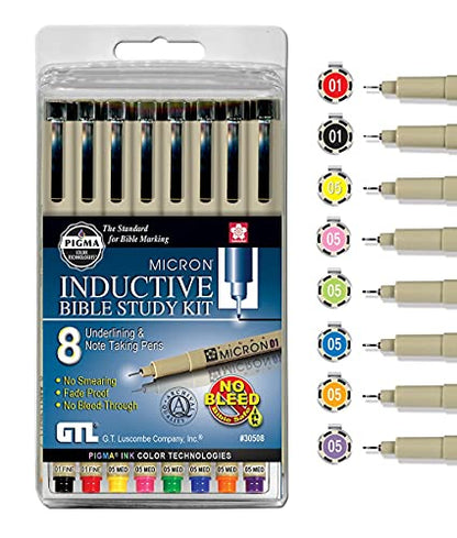 G.T. Luscombe Company, Inc. Pigma Micron 01 Fine & 05 Medium Point Inductive Bible Study Pen Kit | No Bleed Pigmented Ink (Set of 8) - style: Set of 8