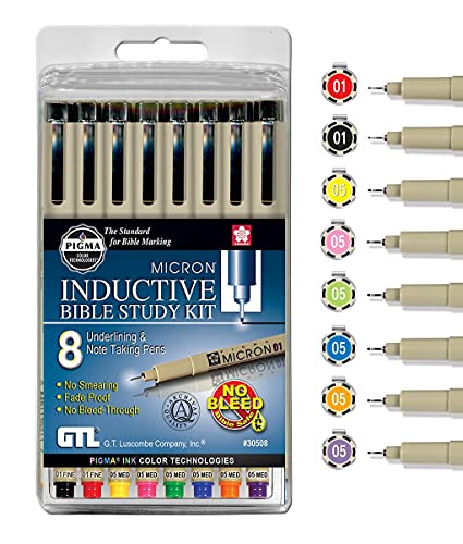 G.T. Luscombe Company, Inc. Pigma Micron 01 Fine & 05 Medium Point Inductive Bible Study Pen Kit | No Bleed Pigmented Ink (Set of 8) - style: Set of 8