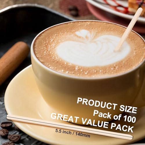 ANTETOK Wooden Coffee Stirrers - Coffee Stir Sticks 5.5 Inch,100pcs Disposable Swizzle Sticks,Swizzle Drink Sticks for Coffee,Tea,Cocktail and Hot Chocolate - size: 5.5Inch-100pcs