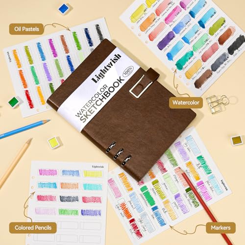 Lightwish Watercolor Swatch Paper Bulk - 100% Cotton Cold Press 300gsm/140lb, 2 Pack Total 40 Sheets 24 Spaces A5 Hole-Punched Replaceable Paper for Watercolor, Gouache, Oil Pastels,5.8 * 8.2 Inches