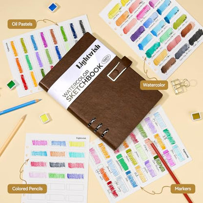 Lightwish Watercolor Swatch Paper Bulk - 100% Cotton Cold Press 300gsm/140lb, 2 Pack Total 40 Sheets 24 Spaces A5 Hole-Punched Replaceable Paper for Watercolor, Gouache, Oil Pastels,5.8 * 8.2 Inches