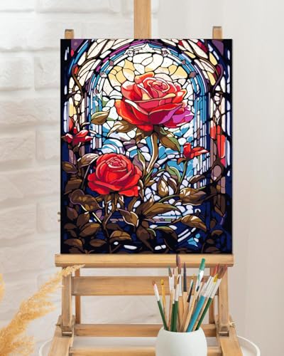 TOCARE Stained Glass Paint by Numbers kit for Adults Beginner Red Rose Paint by Number Canvas, Simple Oil Painting Paint by Numbers for Adults Flowers 16x20inch - color: Stained Glass Rose