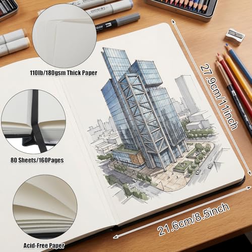 Hardcover Sketch Book, 110lb/180GSM Sketchbook for Drawing Painting, 160 Pages/80 Sheets Sketch Pad, 8.5×11 in Drawing Book Art Supplies for Teens, Adults, Artists - size: 8.5×11 Inch (1 Pack)