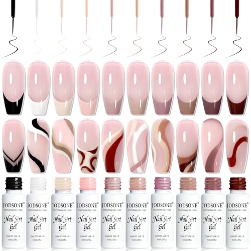 JODSONE 10 Colors Mocha Nail Art Gel Liner Set,5ml Nude Brown Gel Polish with Built-in Thin Brush,Fine Line Nail Art Pen Effect for Nails Design DIY Salon,Fall Brown Tones - color: LMK01-LMK10