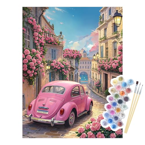 NPCSWXQ Paint By Numbers Kit for Adults Beginners, Sunset Pink Roses Pink Car Decoration Oil Acrylic Painting Crafts Number Artist Paint Kit for Home Wall Bedroom Study or Office Decor Gift 16x20Inch - color: Pink World