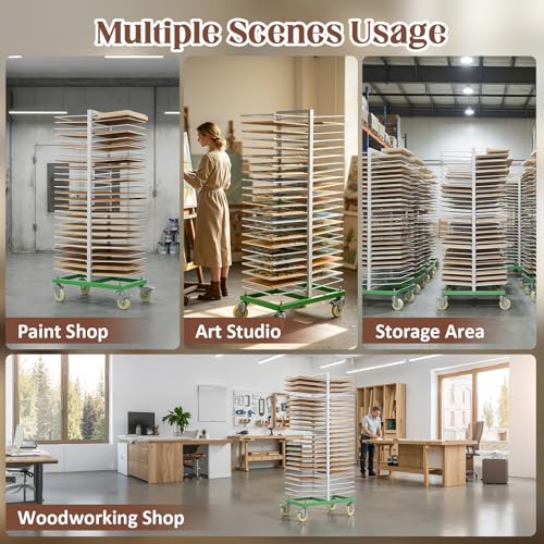 50-Shelf Paint Drying Rack for Cabinet Doors&Woodworking, Heavy Duty Mobile Cabinet Drying Rack with Locking Casters, 25 lbs per Shelf&2.1" Gap,Space-Saving Vertical Storage for Workshops/Paint Shops