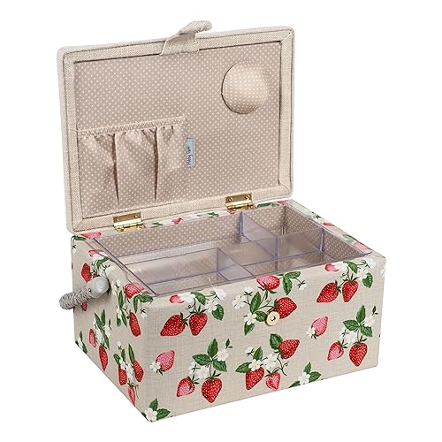 Hobby Gift Medium Sewing Box Organiser, Fabric Covered Storage Box with Handle, Internal Tray, Pin Cushion and Pocket for Sewing, Quilting and Knitting Supplies - color: Strawberries
