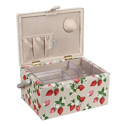 Hobby Gift Medium Sewing Box Organiser, Fabric Covered Storage Box with Handle, Internal Tray, Pin Cushion and Pocket for Sewing, Quilting and Knitting Supplies - color: Strawberries