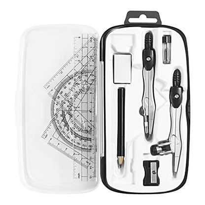 Unjoo Math Geometry Kit Sets 10 Piece Student Supplies with Shatterproof Storage Box,Includes Rulers,Protractor,Compass,Eraser,Pencil Sharpener,Lead Refills,Pencil,for Drafting and Drawings（Black） | Shatterproof Storage Box,Rulers,Protractor,Compass,Erase