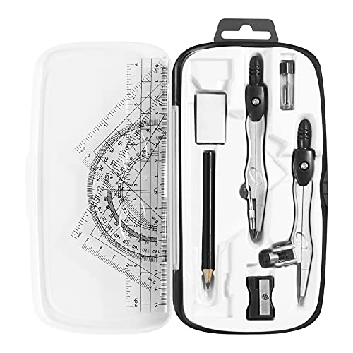 Unjoo Math Geometry Kit Sets 10 Piece Student Supplies with Shatterproof Storage Box,Includes Rulers,Protractor,Compass,Eraser,Pencil Sharpener,Lead Refills,Pencil,for Drafting and Drawings（Black） | Shatterproof Storage Box,Rulers,Protractor,Compass,Erase