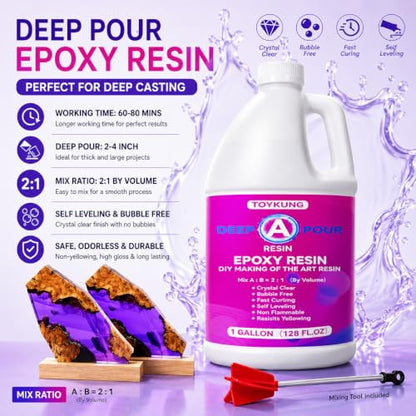 Deep Pour Epoxy Resin, 3 Gallon 2 to 4 Inch Depth Kit Crystal Clear Bubble Free High Gloss Self Leveling for River Table Top, Bar Top, Coating, Casting and Art Mold Crafts Epoxy Resin 2:1 - size: 3 Gallon