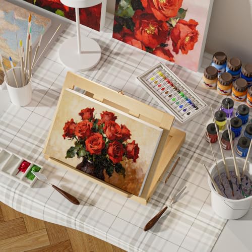 LUCYCAZ Art Easel for Painting, Tabletop Painting Easel Set for Kids, Pine-Wood Portable Easel Stand for Artists with Canvas, Acrylic Paints, Brushes, Palette and Palette Knives for Adults Beginners - style: Easel Set