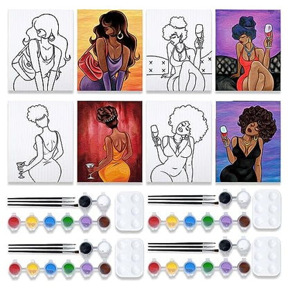 VOCHIC 4 Pack Pre Drawn Canvas Painting Kit for Adults Paint and Sip Party Supplies 12x16 in 8 Acrylic Colors, Brushes, Pallet Chic Girl Art Set - size: 12x16, style: style 2