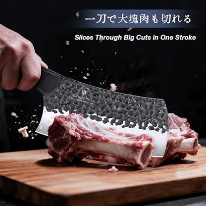 8 PCS Butcher Knife Set, Japanese Kitchen Knife Set, Hand Forged Chef Knife Set with Leather Roll Bag, Sharp Meat Cleaver Knife for Kitchen & Hunting & Camping & BBQ, Best Gift for Men