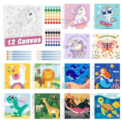 CONDA 12 Pcs Pre Drawn Canvas to Paint 6x6 Inch, Animal Pre Printed Canvas for Painting with 12 Acrylic Paint Sets and 12 Brushes for Kids Beginners Students, DIY Paint Art Supplies - color: Animal Canvas Kit