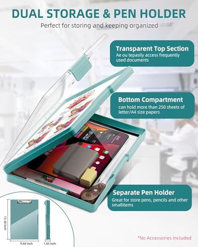 Clearview Clipboard with 2 Storage, Dry Erase 8.5x11 Heavy Duty ClipBoards - High Capacity Coaches Clip Board with Pen Holder - Side Opening Plastic Nursing Clip Case (Turquoise) - color: Turquoise