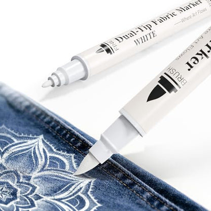 White Fabric Marker Pen Permanent for Clothes, Dual Tip Opaque Laundry Marker for Stain & Bleach Mark Covering on Dark Fabrics, No-Bleed Fabric Pen for Clothing, Washable Fade-Resistant, 2 Pack