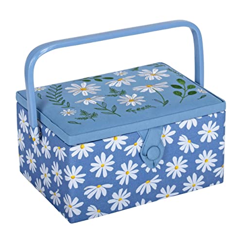 Hobby Gift Medium Sewing Box Organiser, Fabric Covered Storage Box with Handle, Internal Tray, Pin Cushion and Pocket for Sewing, Quilting and Knitting Supplies - color: Denin Daisies