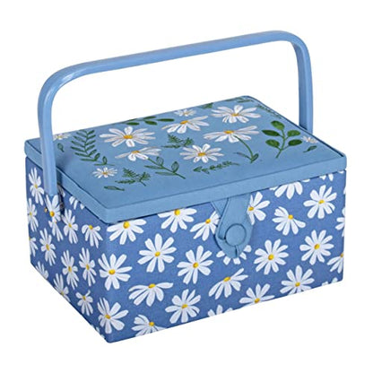 Hobby Gift Medium Sewing Box Organiser, Fabric Covered Storage Box with Handle, Internal Tray, Pin Cushion and Pocket for Sewing, Quilting and Knitting Supplies - color: Denin Daisies