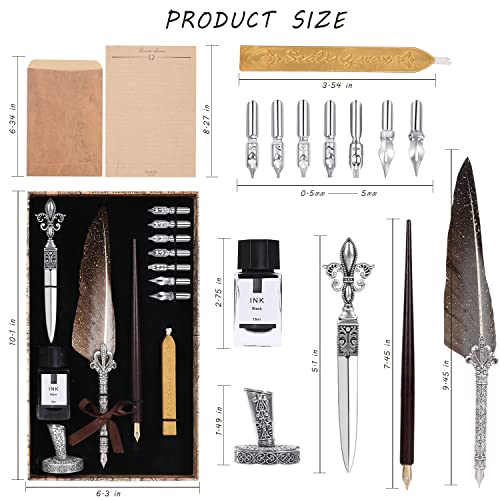 Vintage Quill Pen Ink Set,Feather Quill Pens with Wooden Calligraphy Pen, Including 7 Different Sizes of Nib, Calligraphy Pen Set Gift & Women and Man(Grey)