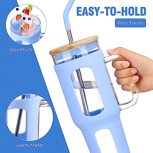 WINSA Glass Tumbler with Lid and Straw, 46 oz Iced Coffee Cup with Handle, Large Water Bottles with Silicone Sleeve, Glass Cup with Straws - Pearl Straw & Drinking Straw BPA Free-Glacier - color: Glacier, size: 46 Ounces