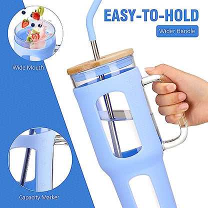 WINSA Glass Tumbler with Lid and Straw, 46 oz Iced Coffee Cup with Handle, Large Water Bottles with Silicone Sleeve, Glass Cup with Straws - Pearl Straw & Drinking Straw BPA Free-Glacier - color: Glacier, size: 46 Ounces