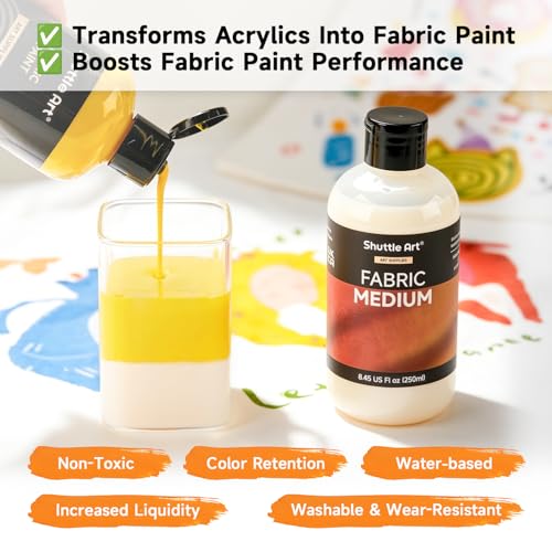Shuttle Art Fabric Medium, 8.45 oz /250ml Professional Textile Medium for Fabric Painting, Improve Acrylic & Fabric Paint Adhesion, Softness, Vibrancy, Prevent Fading, Ideal for T-Shirts,Shoes,Jeans,Bags - size: 8.45 Fl Oz (Pack of 1)