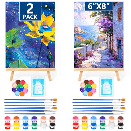 24 PCS Acrylic Paint Set, 2Pack Art Canvas with Easel Stand, 12 Acrylic Paints, 14 Brushes, Palettes, Aprons -Beginner Painting Kit, Mini Painting Canvas with Easel Set, Painting Kits for Adults Party - color: Vibrant Colors-2 pack