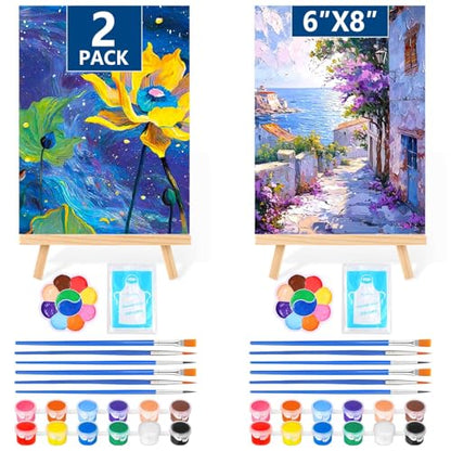 24 PCS Acrylic Paint Set, 2Pack Art Canvas with Easel Stand, 12 Acrylic Paints, 14 Brushes, Palettes, Aprons -Beginner Painting Kit, Mini Painting Canvas with Easel Set, Painting Kits for Adults Party - color: Vibrant Colors-2 pack