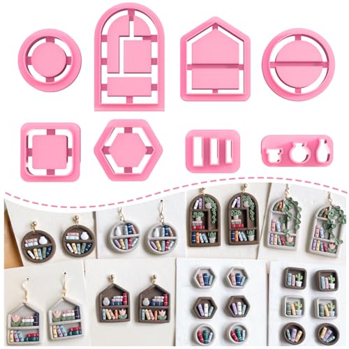 Keoker Back to School Clay Cutters, Polymer Clay Earrings Cutters for Jewelry Making, Bookshelf Polymer Clay Cutters, Teacher Clay Cutters for Earrings, 8 Shapes Clay Earring Cutters