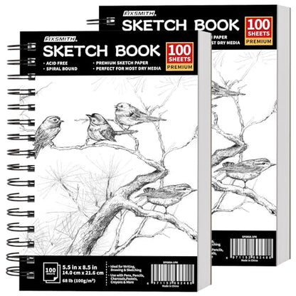 FIXSMITH 5.5"X8.5" Sketch Book | 200 Sheets (68 lb/100gsm) Sketchbook | 2 Pack | Acid Free Drawing Paper | Spiral Bound Artist Sketch Pad | for Kids,Beginners,Artists & Professionals - color: Black, size: 5.5"x8.5"-2 Pack