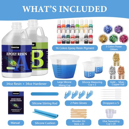 1 Gallon Crystal Clear Epoxy Resin Kit, High-Glossy& No Bubbles, Art & Casting Resin with 16 Epoxy Resin Pigment, Foil Flakes, Sequin,Craft Clear Resin for Art Crafts, Jewelry, Molds - size: 1 Gallon kit
