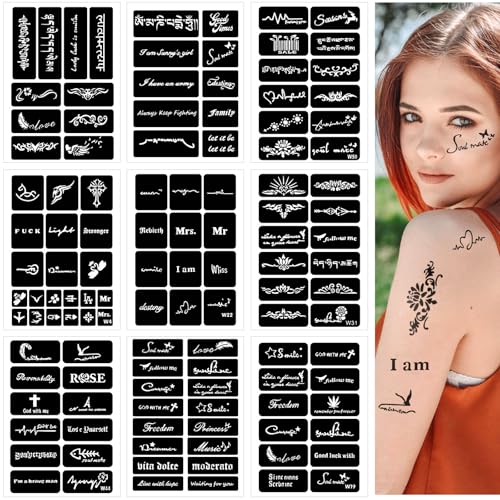 9 Temporary Tattoo Stencils, 117 PCS Henna Stencils Reusable Tattoo Stencils for Face Body Art Painting for Women Men Adults Kids - color: 9 sheets, 117 pcs