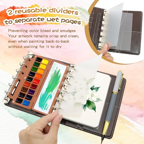A7 Pocket Watercolor Paint Set, 24 Colors with 2 Water Brush Pens, 48 Sheets Binder Paper & 2 Anti-Stain Dividers, Portable Travel Sketching Kit for Adults Artists, Travel Journaling Gift