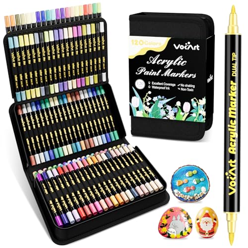 VOKART 120 Colors Acrylic Paint Markers - Dual Tip Brush & Fine Fabric Paint Pens for Rock, Canvas, Ceramic, Wood, Glass, Textile, Paper - DIY Art Supplies for Artists, Adults, Holiday Decorations