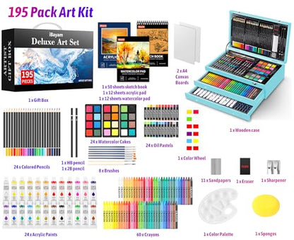 iBayam Art Set for Kids Teens Girls Boys Adult, 195-Pack Deluxe Artist Gift Box with 3 PCS Drawing Pads, A4 Canvases, Arts and Crafts Kits, Painting, Drawing & Art Supplies with 24 Color Acrylic Paint - color: Blue