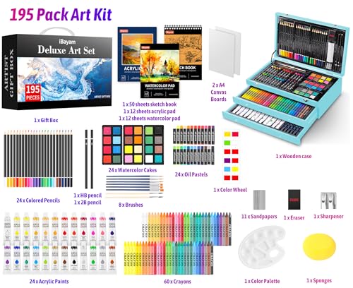 iBayam Art Set for Kids Teens Girls Boys Adult, 195-Pack Deluxe Artist Gift Box with 3 PCS Drawing Pads, A4 Canvases, Arts and Crafts Kits, Painting, Drawing & Art Supplies with 24 Color Acrylic Paint - color: Blue