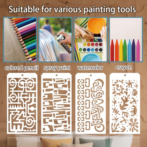 12 Sheets Abstract Texture Painting Stencils, 12 Styles Geometric Brick Damask Texture Layering Templates Reusable Border Stencil for Painting on Wall Wood Home Decor - style: Abstract
