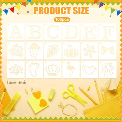 Fainne 100 Pcs Small Stencils for Crafts, 1.5 Inch Reusable Painting Stencils Painting Crafts Templates for Wood, Wall, Home Decor, Canvas, Fabric (Letter,Symbol) - style: Letter,Symbol